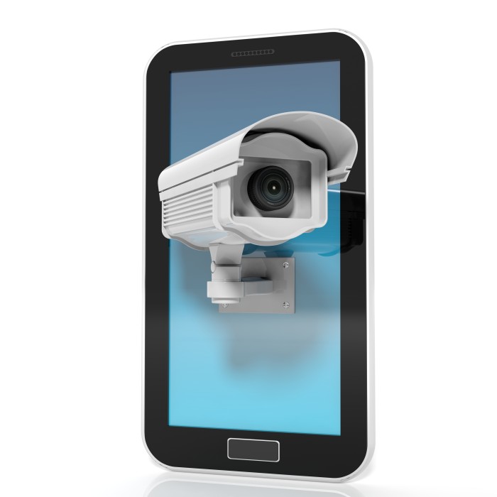Security surveillance camera on tablet screen isolated on white background